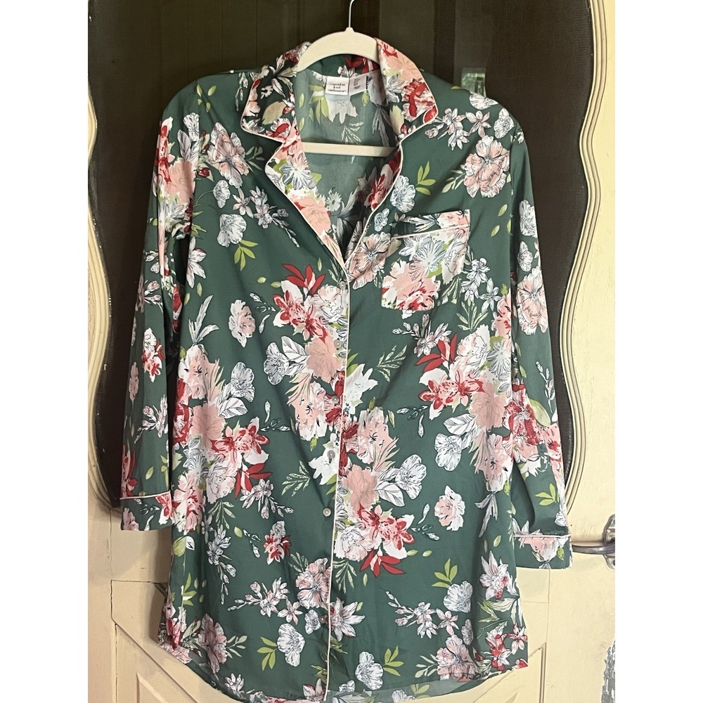 Cupcakes & Cashmere Women's Green Floral Button Down Pajama Night Shirt Sz Sm‎